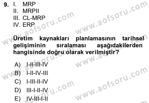 Üretim Yönetimi Dersi 2024 - 2025 Yılı Yaz Okulu Sınav Soruları 9. Soru