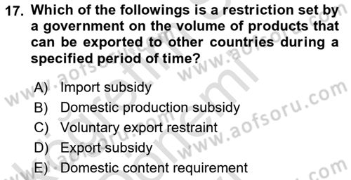 Foreign Trade Dersi 2021 - 2022 Yılı (Final) Dönem Sonu Sınav Soruları 17. Soru
