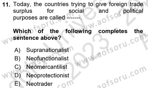 Foreign Trade Dersi 2023 - 2024 Yılı (Vize) Ara Sınav Soruları 11. Soru