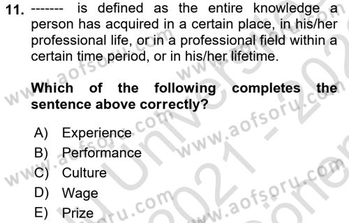 Human Resource Management Dersi 2021 - 2022 Yılı (Final) Dönem Sonu Sınav Soruları 11. Soru