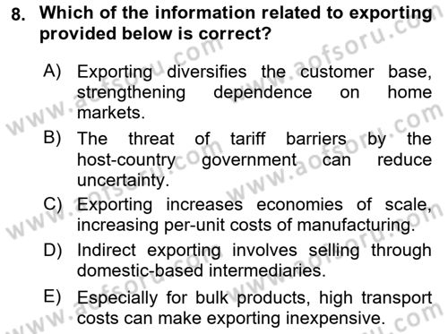International Business Dersi 2020 - 2021 Yılı Yaz Okulu Sınav Soruları 8. Soru