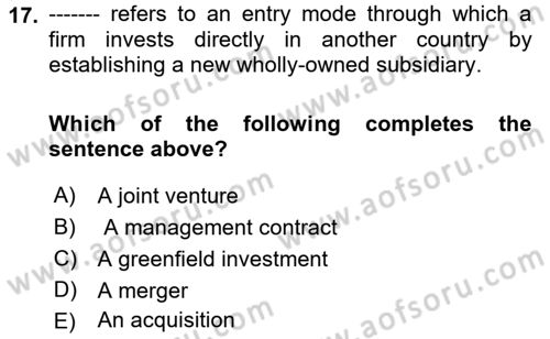 International Business Dersi 2021 - 2022 Yılı (Vize) Ara Sınavı 17. Soru