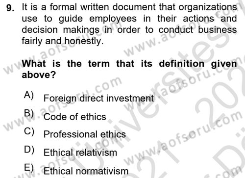 International Business Dersi 2021 - 2022 Yılı (Vize) Ara Sınav Soruları 9. Soru