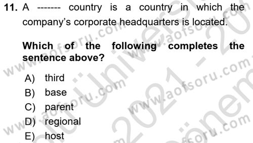 International Business Dersi 2021 - 2022 Yılı (Final) Dönem Sonu Sınav Soruları 11. Soru