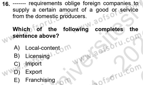 International Business Dersi 2021 - 2022 Yılı Yaz Okulu Sınav Soruları 16. Soru