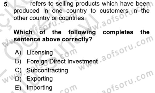 International Business Dersi 2021 - 2022 Yılı Yaz Okulu Sınav Soruları 5. Soru