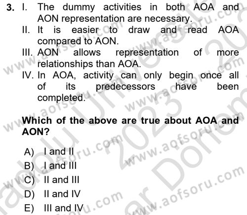 Project Management Dersi 2023 - 2024 Yılı (Final) Dönem Sonu Sınav Soruları 3. Soru