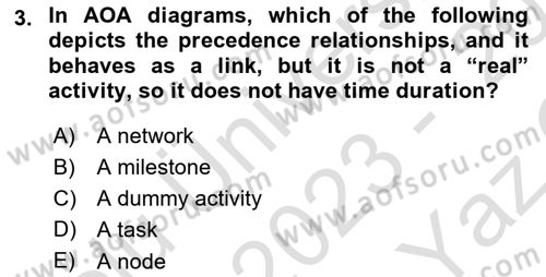 Project Management Dersi 2023 - 2024 Yılı Yaz Okulu Sınav Soruları 3. Soru
