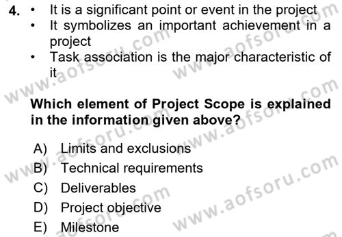 Project Management Dersi 2023 - 2024 Yılı Yaz Okulu Sınav Soruları 4. Soru