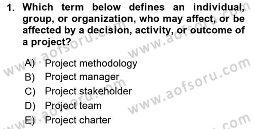 Project Management Dersi 2024 - 2025 Yılı (Vize) Ara Sınav Soruları 1. Soru