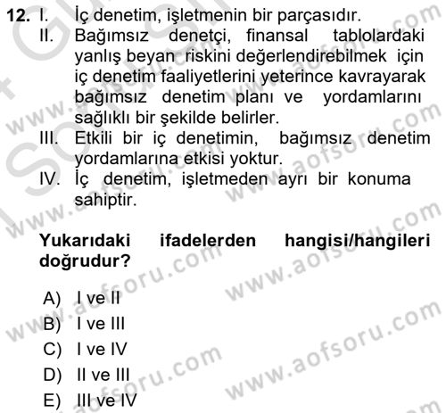 Denetim Dersi 2023 - 2024 Yılı (Final) Dönem Sonu Sınavı 12. Soru