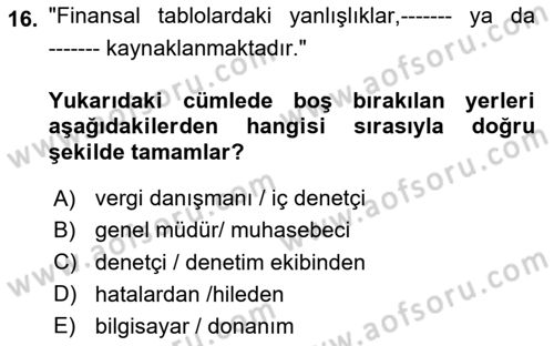 Denetim Dersi 2025 - 2026 Yılı (Vize) Ara Sınav Soruları 16. Soru