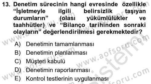 Denetim Dersi 2025 - 2026 Yılı (Final) Dönem Sonu Sınav Soruları 13. Soru