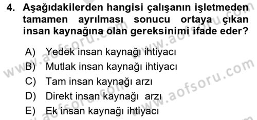 İnsan Kaynakları Yönetimi Dersi 2024 - 2025 Yılı (Final) Dönem Sonu Sınav Soruları 4. Soru
