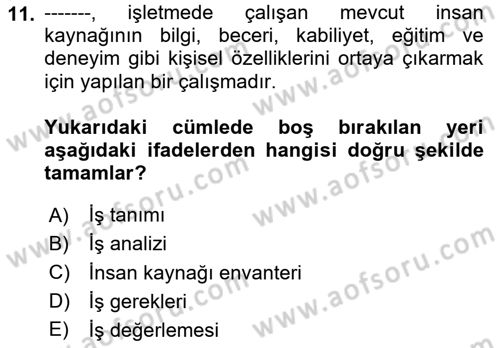 İnsan Kaynakları Yönetimi Dersi 2025 - 2026 Yılı (Vize) Ara Sınav Soruları 11. Soru