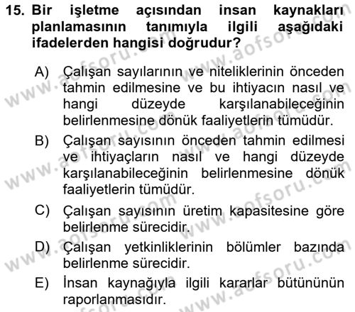 İnsan Kaynakları Yönetimi Dersi 2025 - 2026 Yılı (Vize) Ara Sınav Soruları 15. Soru