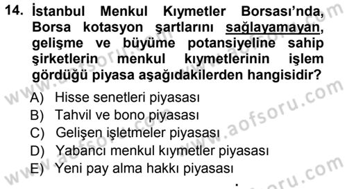 Sermaye Piyasaları ve Finansal Kurumlar Dersi 2012 - 2013 Yılı (Vize) Ara Sınavı 14. Soru