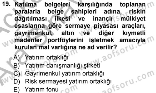 Sermaye Piyasaları ve Finansal Kurumlar Dersi 2012 - 2013 Yılı (Vize) Ara Sınavı 19. Soru