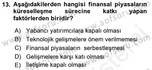 Sermaye Piyasaları ve Finansal Kurumlar Dersi 2018 - 2019 Yılı (Final) Dönem Sonu Sınavı 13. Soru