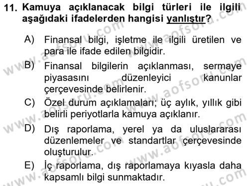 Sermaye Piyasaları ve Finansal Kurumlar Dersi 2021 - 2022 Yılı (Final) Dönem Sonu Sınavı 11. Soru