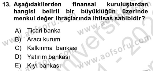 Sermaye Piyasaları ve Finansal Kurumlar Dersi 2021 - 2022 Yılı (Final) Dönem Sonu Sınavı 13. Soru