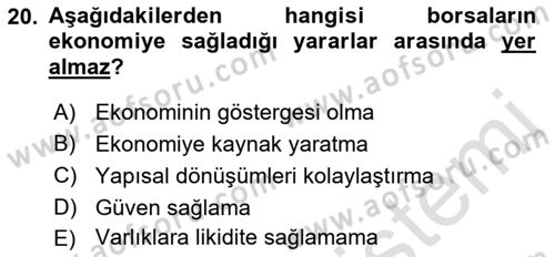 Sermaye Piyasaları ve Finansal Kurumlar Dersi 2022 - 2023 Yılı (Vize) Ara Sınavı 20. Soru