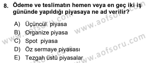 Sermaye Piyasaları ve Finansal Kurumlar Dersi 2022 - 2023 Yılı (Vize) Ara Sınavı 8. Soru