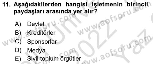 Sermaye Piyasaları ve Finansal Kurumlar Dersi 2022 - 2023 Yılı Yaz Okulu Sınavı 11. Soru