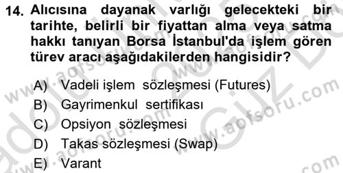 Sermaye Piyasaları ve Finansal Kurumlar Dersi 2025 - 2026 Yılı (Vize) Ara Sınav Soruları 14. Soru
