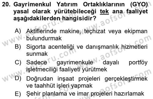 Sermaye Piyasaları ve Finansal Kurumlar Dersi 2025 - 2026 Yılı (Vize) Ara Sınav Soruları 20. Soru