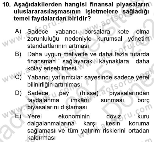 Sermaye Piyasaları ve Finansal Kurumlar Dersi 2025 - 2026 Yılı (Final) Dönem Sonu Sınav Soruları 10. Soru