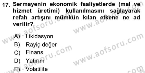 Sermaye Piyasaları ve Finansal Kurumlar Dersi 2025 - 2026 Yılı (Final) Dönem Sonu Sınav Soruları 17. Soru