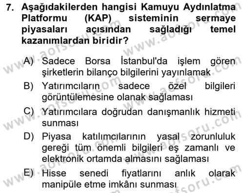 Sermaye Piyasaları ve Finansal Kurumlar Dersi 2025 - 2026 Yılı (Final) Dönem Sonu Sınav Soruları 7. Soru