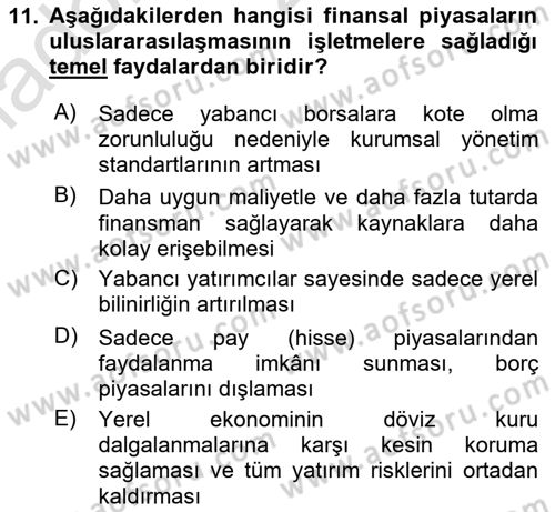 Sermaye Piyasaları ve Finansal Kurumlar Dersi 2025 - 2026 Yılı Yaz Okulu Sınav Soruları 11. Soru