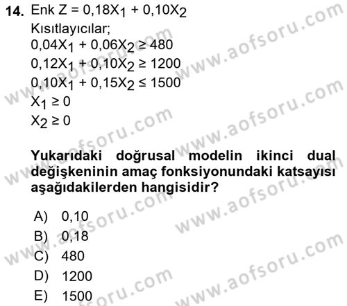 Sayısal Karar Verme Teknikleri Dersi 2021 - 2022 Yılı (Vize) Ara Sınav Soruları 14. Soru