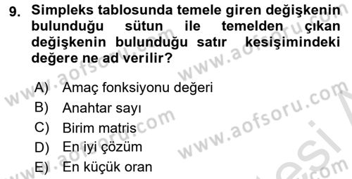 Sayısal Karar Verme Teknikleri Dersi 2021 - 2022 Yılı (Vize) Ara Sınav Soruları 9. Soru