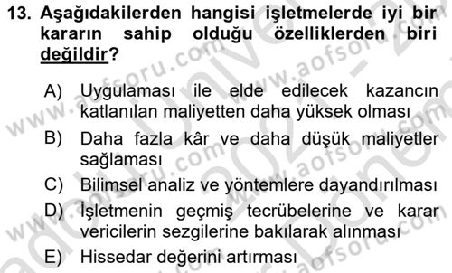 Sayısal Karar Verme Teknikleri Dersi 2021 - 2022 Yılı (Final) Dönem Sonu Sınav Soruları 13. Soru