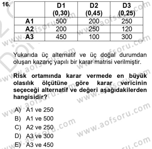 Sayısal Karar Verme Teknikleri Dersi 2021 - 2022 Yılı (Final) Dönem Sonu Sınav Soruları 16. Soru
