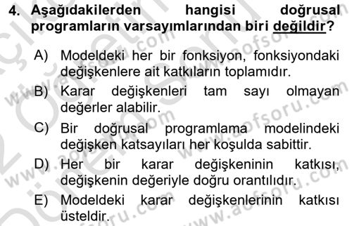 Sayısal Karar Verme Teknikleri Dersi 2021 - 2022 Yılı (Final) Dönem Sonu Sınav Soruları 4. Soru