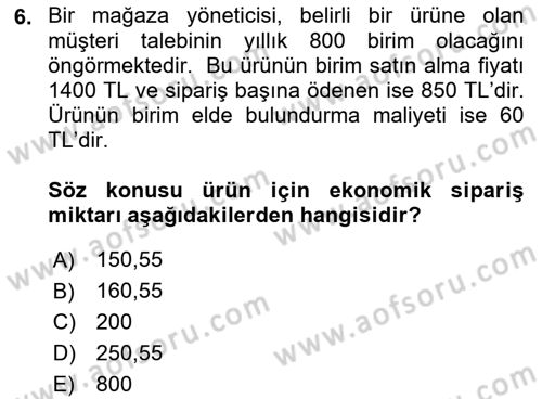 Sayısal Karar Verme Teknikleri Dersi 2021 - 2022 Yılı (Final) Dönem Sonu Sınav Soruları 6. Soru