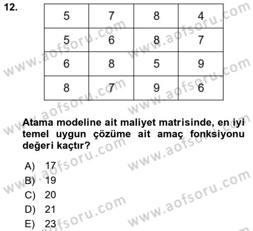 Sayısal Karar Verme Teknikleri Dersi 2021 - 2022 Yılı Yaz Okulu Sınav Soruları 12. Soru