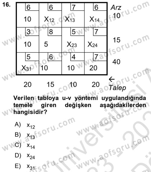 Sayısal Karar Verme Teknikleri Dersi 2023 - 2024 Yılı (Vize) Ara Sınav Soruları 16. Soru