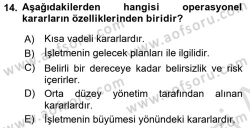 Sayısal Karar Verme Teknikleri Dersi 2023 - 2024 Yılı (Final) Dönem Sonu Sınav Soruları 14. Soru