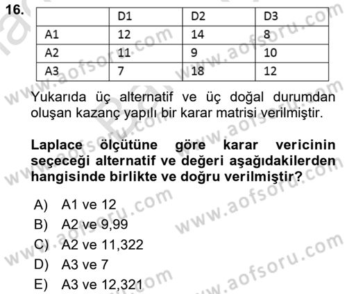 Sayısal Karar Verme Teknikleri Dersi 2023 - 2024 Yılı (Final) Dönem Sonu Sınav Soruları 16. Soru