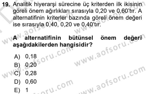 Sayısal Karar Verme Teknikleri Dersi 2023 - 2024 Yılı (Final) Dönem Sonu Sınav Soruları 19. Soru