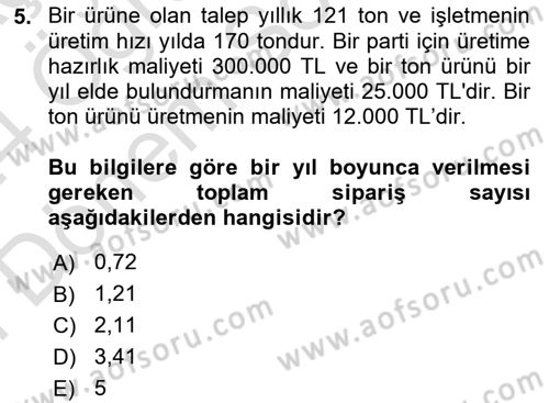 Sayısal Karar Verme Teknikleri Dersi 2023 - 2024 Yılı (Final) Dönem Sonu Sınav Soruları 5. Soru