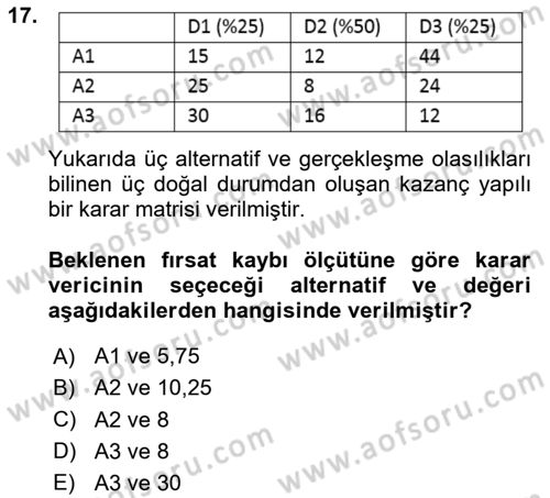 Sayısal Karar Verme Teknikleri Dersi 2023 - 2024 Yılı Yaz Okulu Sınav Soruları 17. Soru