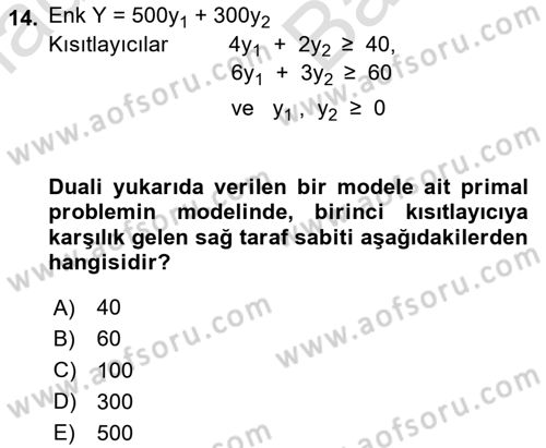 Sayısal Karar Verme Teknikleri Dersi 2024 - 2025 Yılı (Vize) Ara Sınav Soruları 14. Soru