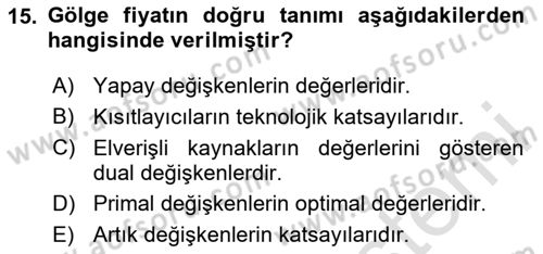 Sayısal Karar Verme Teknikleri Dersi 2024 - 2025 Yılı (Vize) Ara Sınav Soruları 15. Soru