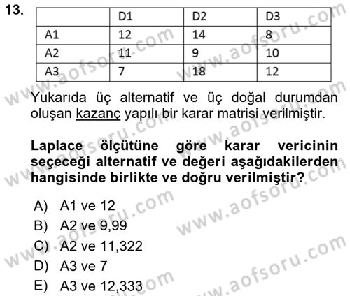 Sayısal Karar Verme Teknikleri Dersi 2024 - 2025 Yılı (Final) Dönem Sonu Sınav Soruları 13. Soru